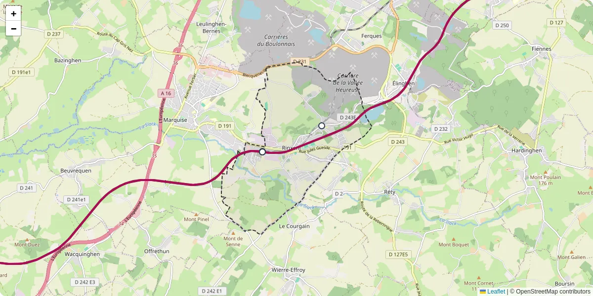 Carte du réseau de transport en commun à Rinxent - lignes de bus et arrêts