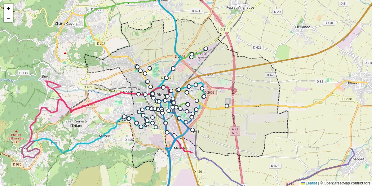Carte du réseau de transport en commun à Riom - lignes de bus et arrêts