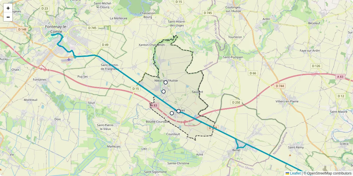 Carte du réseau de transport en commun à Rives-d'Autise - lignes de bus et arrêts