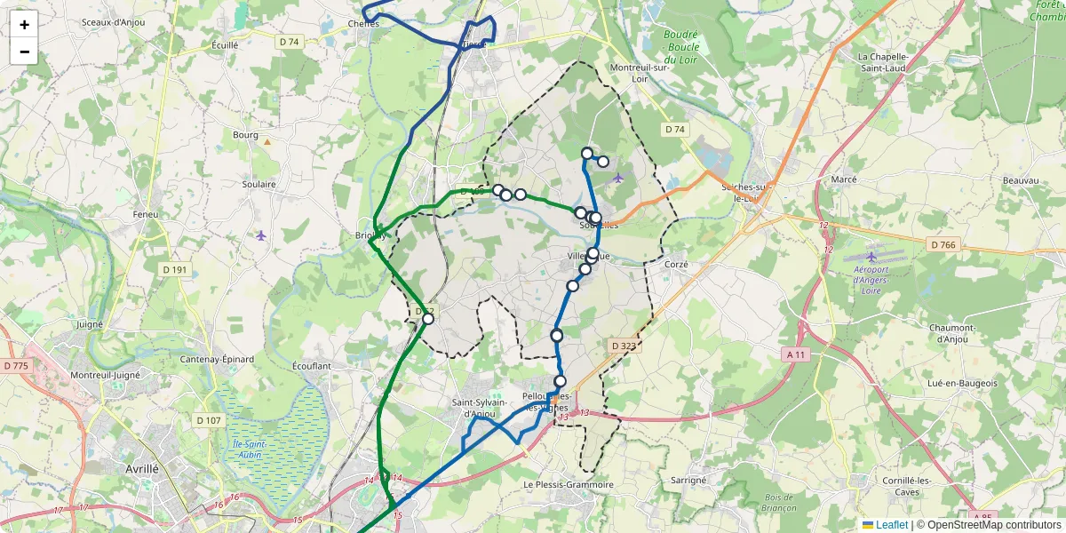 Carte du réseau de transport en commun à Rives-du-Loir-en-Anjou - lignes de bus et arrêts