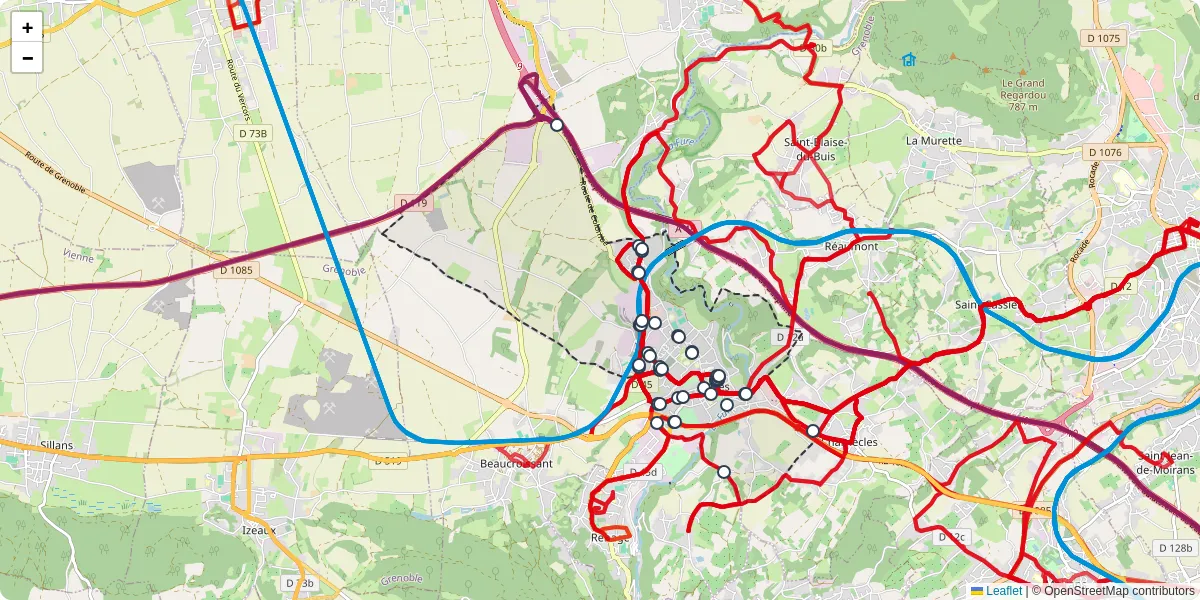 Carte du réseau de transport en commun à Rives - lignes de bus et arrêts