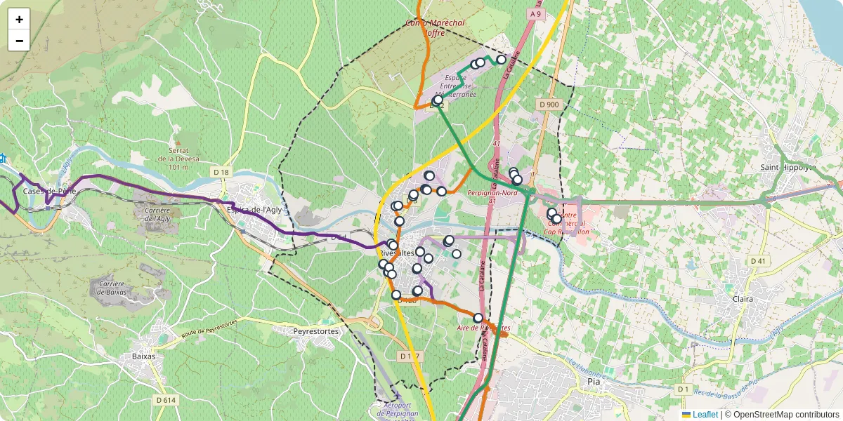 Carte du réseau de transport en commun à Rivesaltes - lignes de bus et arrêts