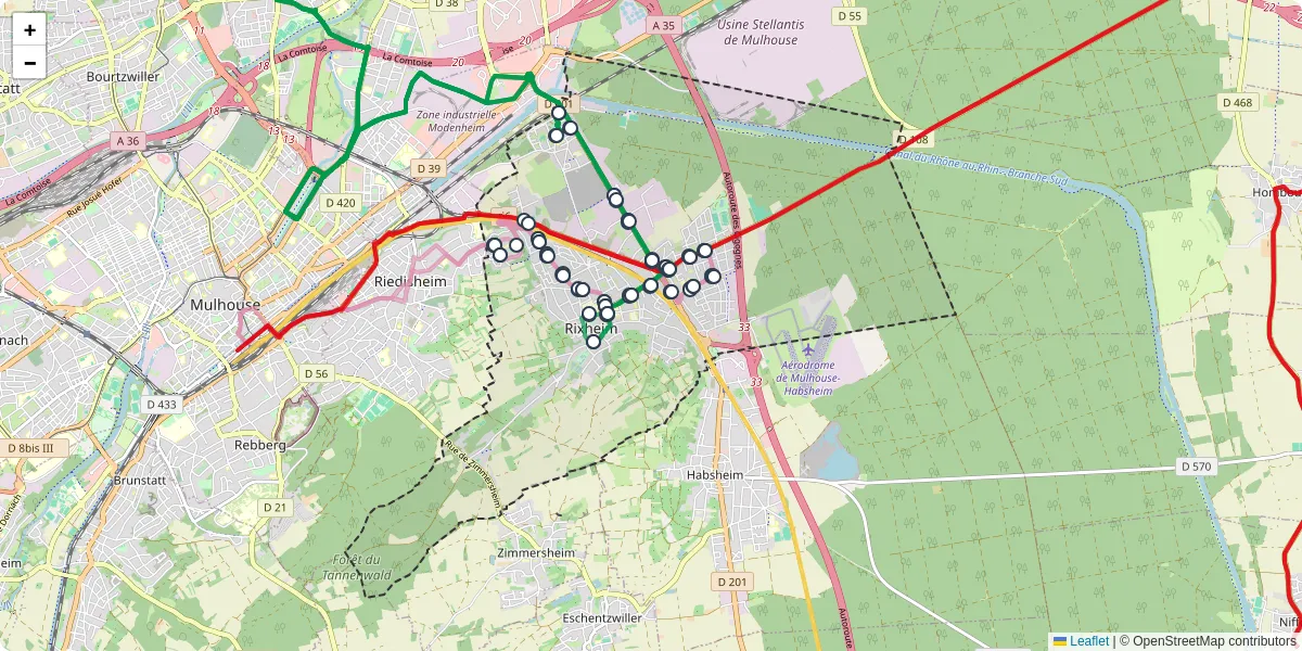 Carte du réseau de transport en commun à Rixheim - lignes de bus et arrêts