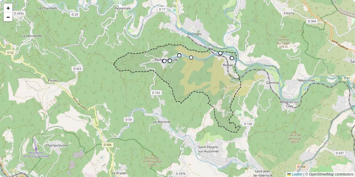 Carte du réseau de transport en commun à Robiac-Rochessadoule - lignes de bus et arrêts