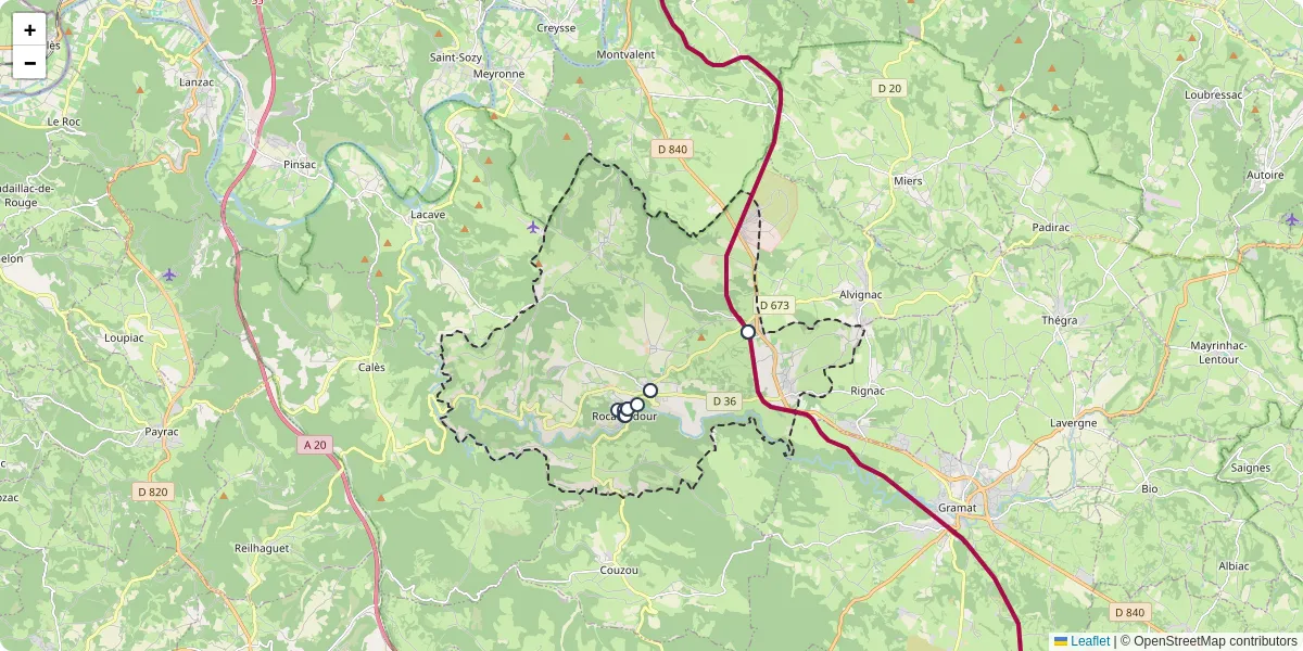 Carte du réseau de transport en commun à Rocamadour - lignes de bus et arrêts