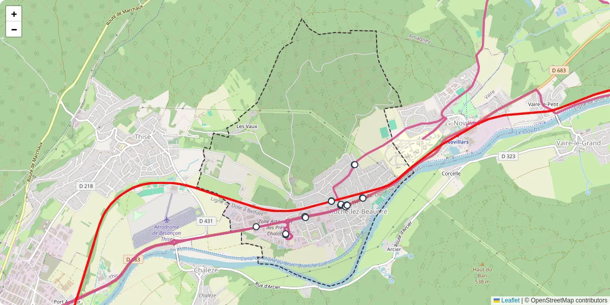 Carte du réseau de transport en commun à Roche-lez-Beaupré - lignes de bus et arrêts