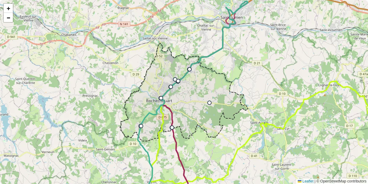 Carte du réseau de transport en commun à Rochechouart - lignes de bus et arrêts