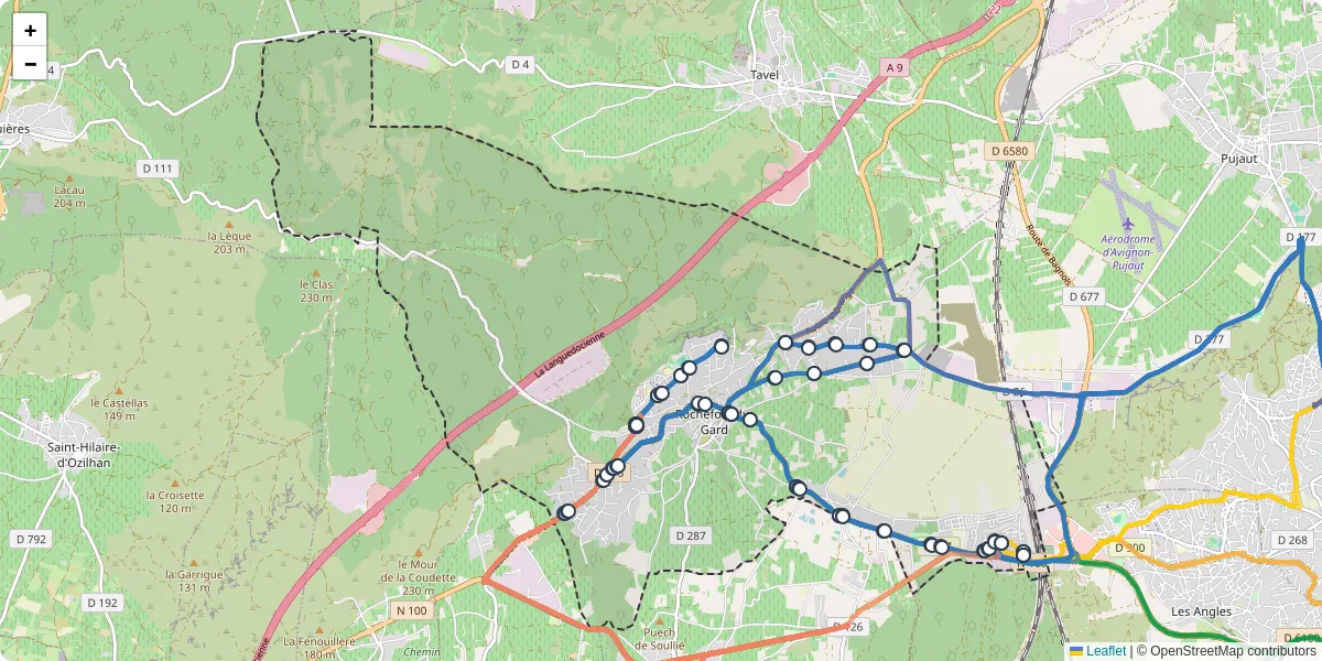 Carte du réseau de transport en commun à Rochefort-du-Gard - lignes de bus et arrêts