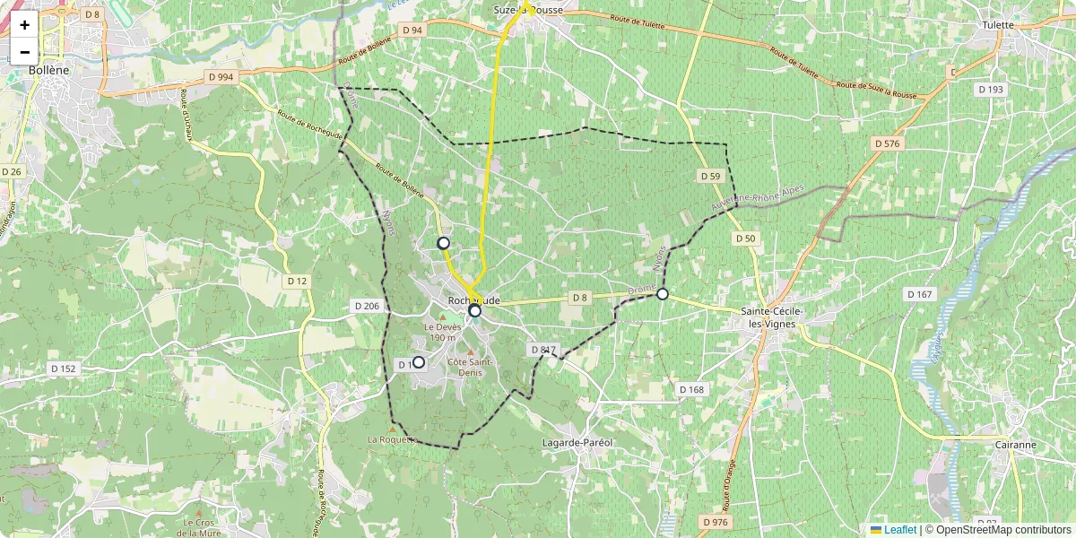 Carte du réseau de transport en commun à Rochegude - lignes de bus et arrêts