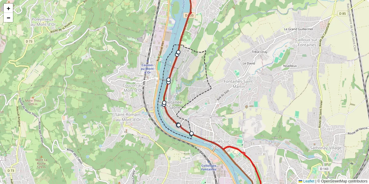 Carte du réseau de transport en commun à Rochetaillée-sur-Saône - lignes de bus et arrêts