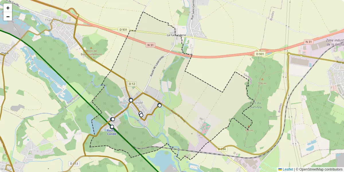 Carte du réseau de transport en commun à Rochy-Condé - lignes de bus et arrêts