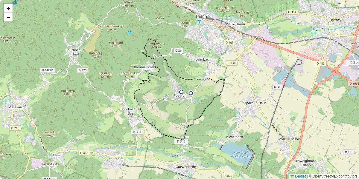 Carte du réseau de transport en commun à Roderen - lignes de bus et arrêts