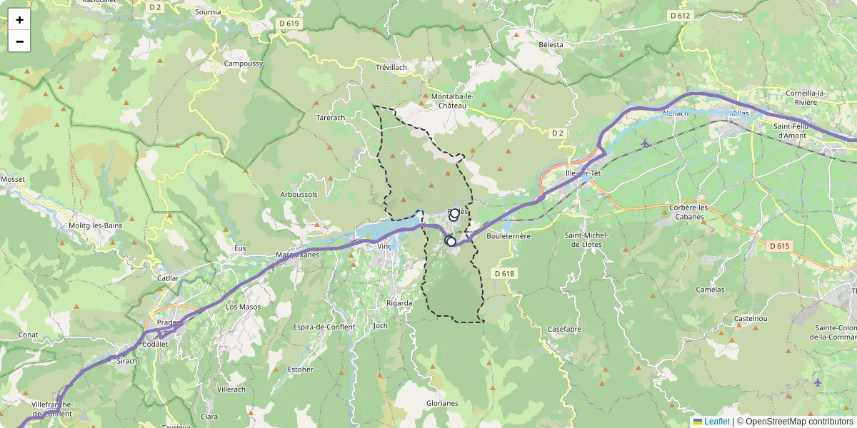 Carte du réseau de transport en commun à Rodès - lignes de bus et arrêts