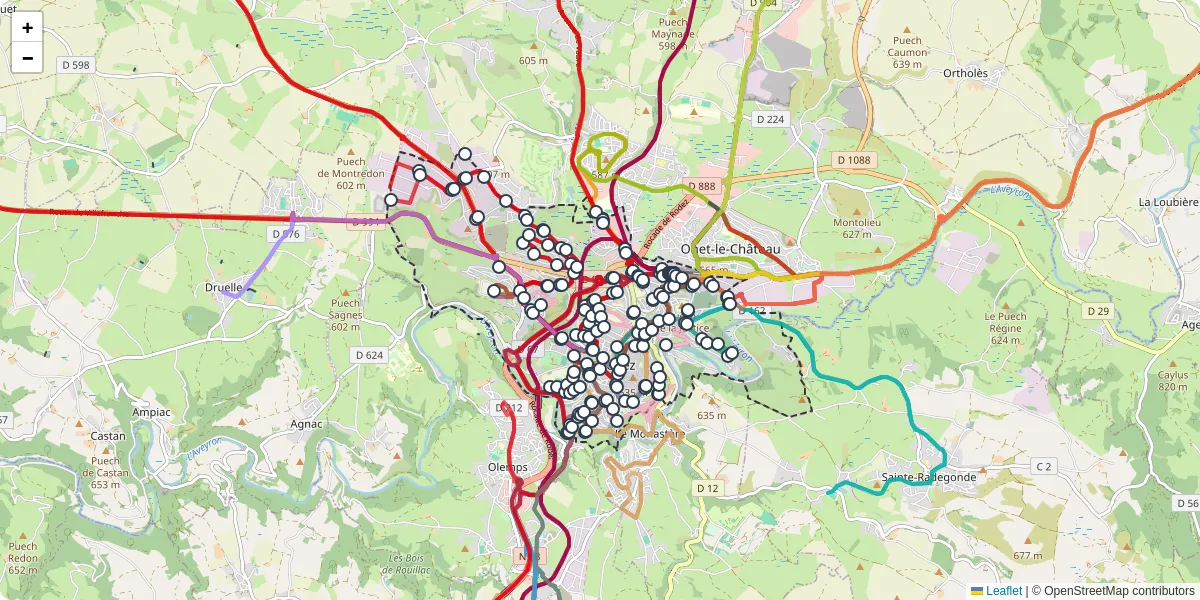 Carte du réseau de transport en commun à Rodez - lignes de bus et arrêts