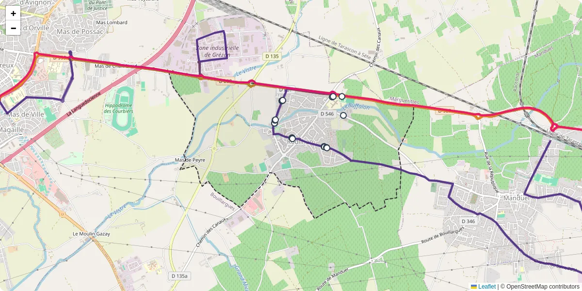 Carte du réseau de transport en commun à Rodilhan - lignes de bus et arrêts