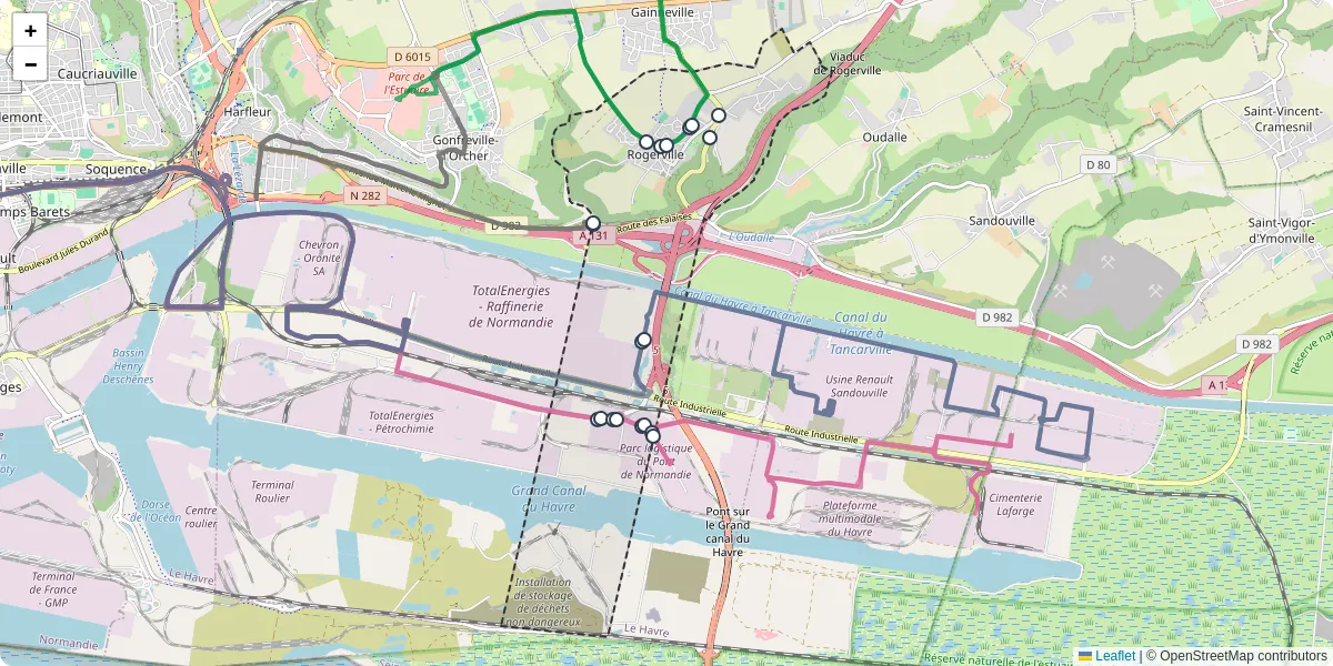 Carte du réseau de transport en commun à Rogerville - lignes de bus et arrêts