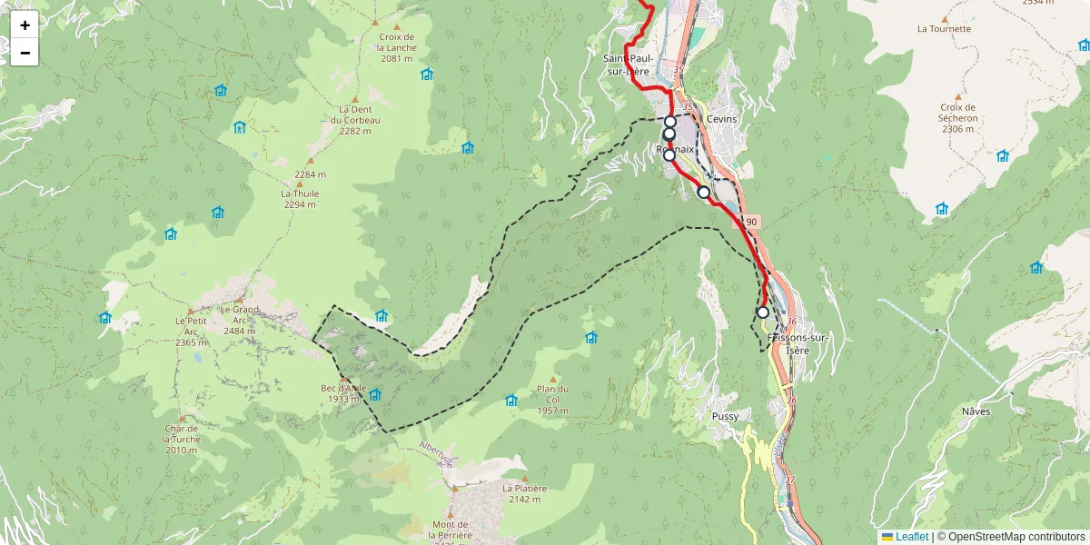 Carte du réseau de transport en commun à Rognaix - lignes de bus et arrêts