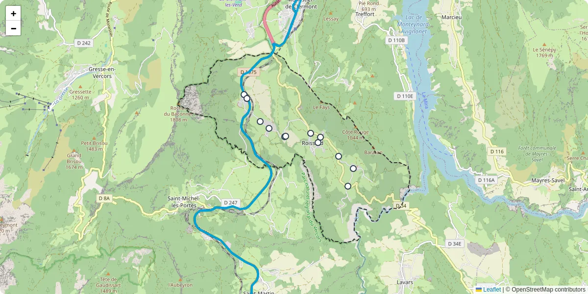 Carte du réseau de transport en commun à Roissard - lignes de bus et arrêts