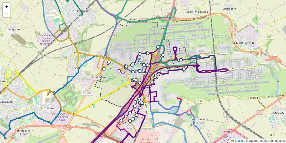 Carte du réseau de transport en commun à Roissy-en-France - lignes de bus et arrêts