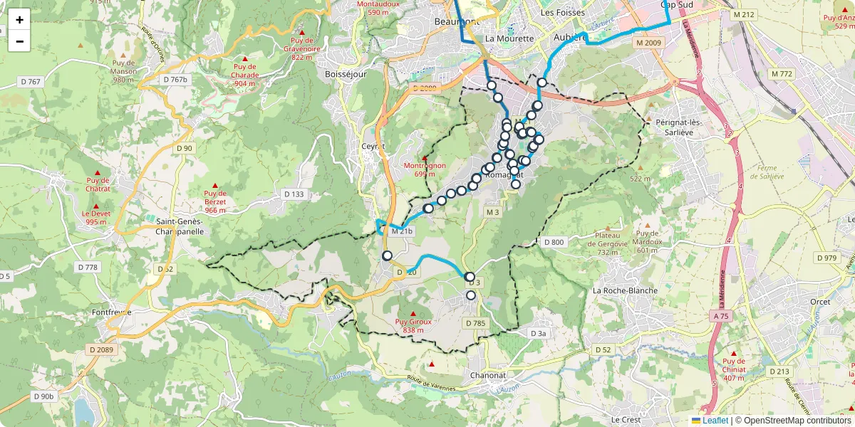 Carte du réseau de transport en commun à Romagnat - lignes de bus et arrêts