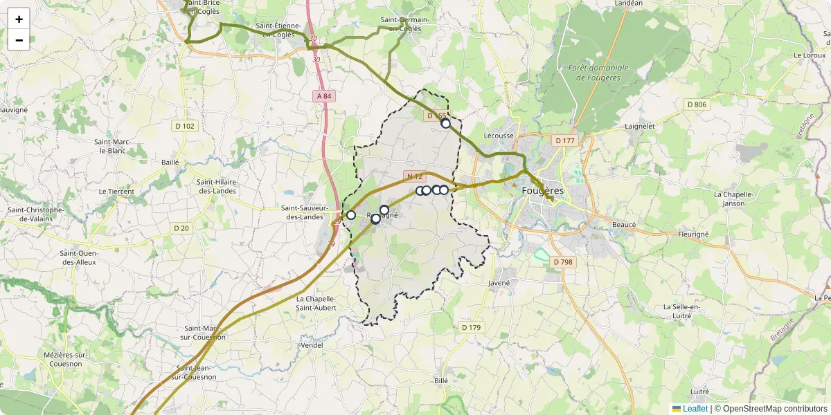 Carte du réseau de transport en commun à Romagné - lignes de bus et arrêts