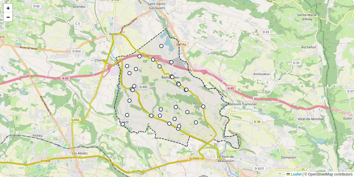 Carte du réseau de transport en commun à Romagnieu - lignes de bus et arrêts