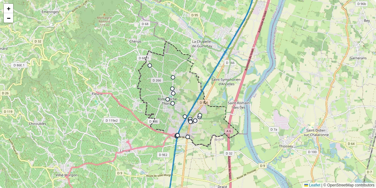Carte du réseau de transport en commun à Romanèche-Thorins - lignes de bus et arrêts