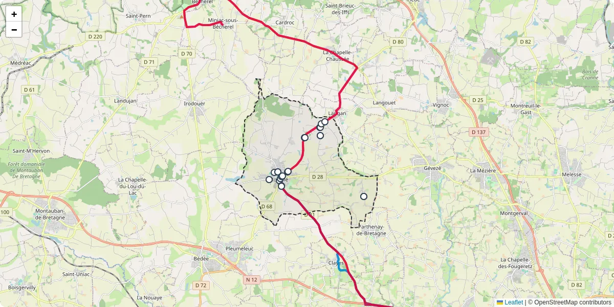 Carte du réseau de transport en commun à Romillé - lignes de bus et arrêts