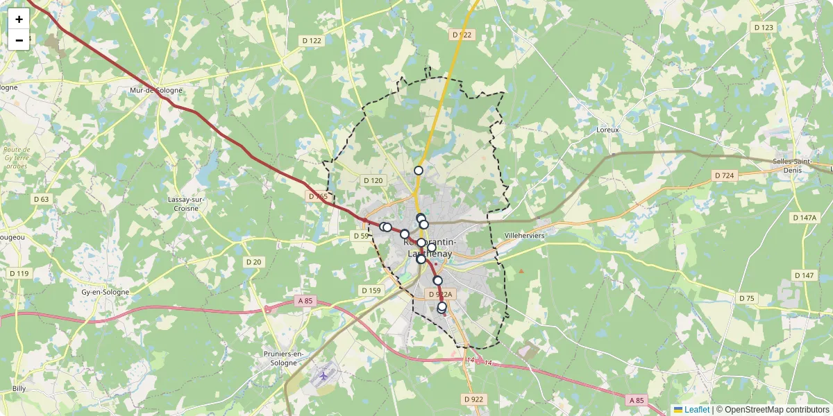 Carte du réseau de transport en commun à Romorantin-Lanthenay - lignes de bus et arrêts