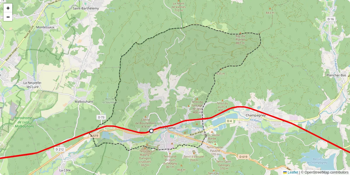 Carte du réseau de transport en commun à Ronchamp - lignes de bus et arrêts