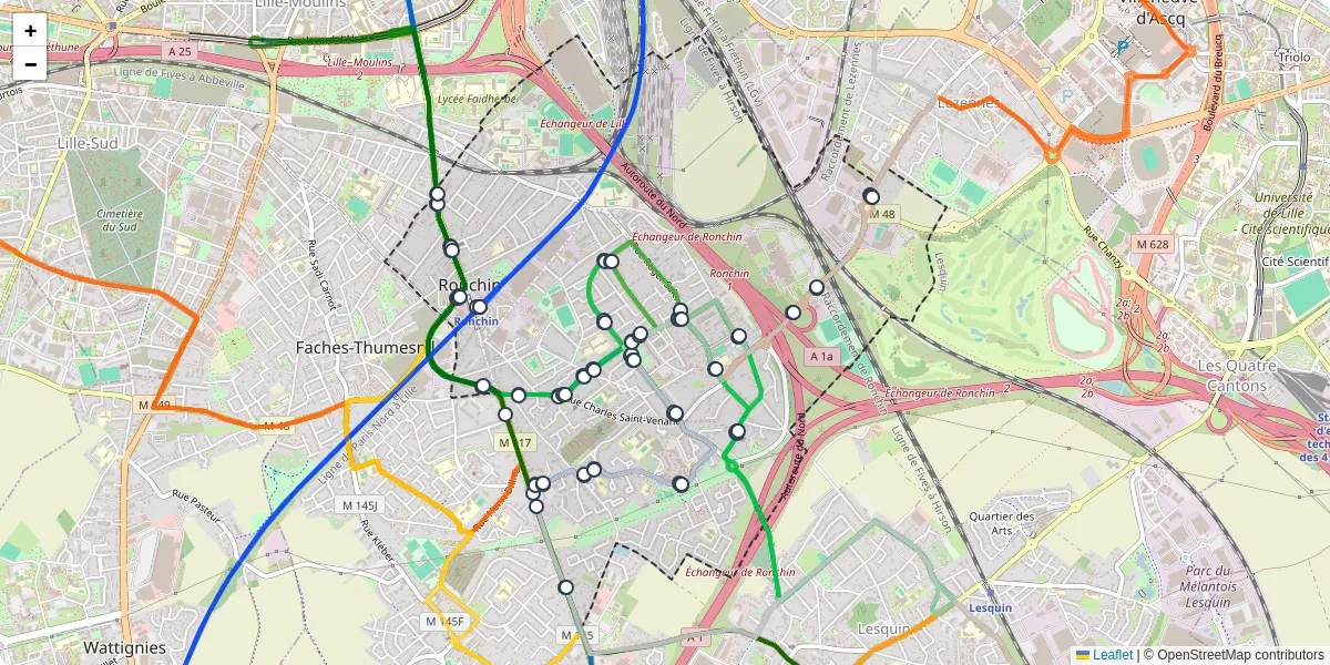 Carte du réseau de transport en commun à Ronchin - lignes de bus et arrêts