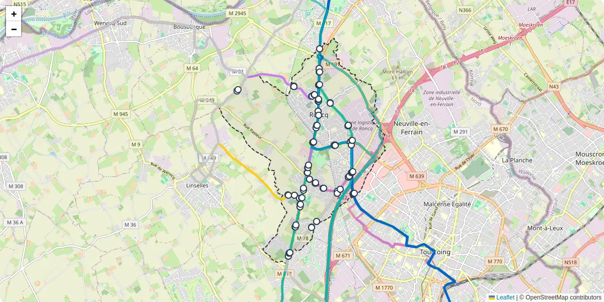 Carte du réseau de transport en commun à Roncq - lignes de bus et arrêts