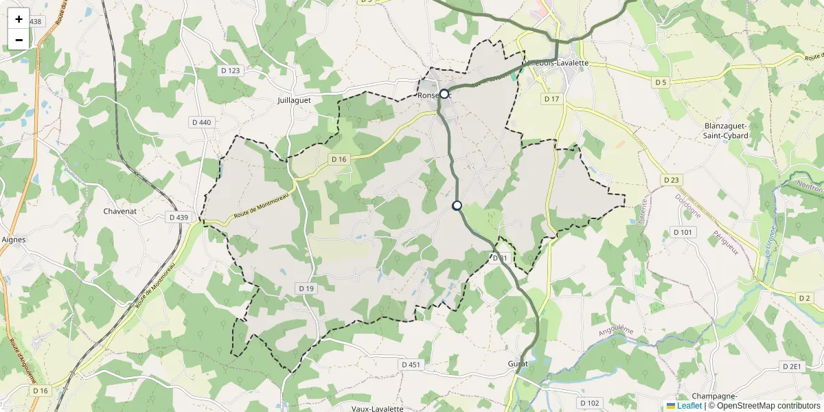 Carte du réseau de transport en commun à Ronsenac - lignes de bus et arrêts