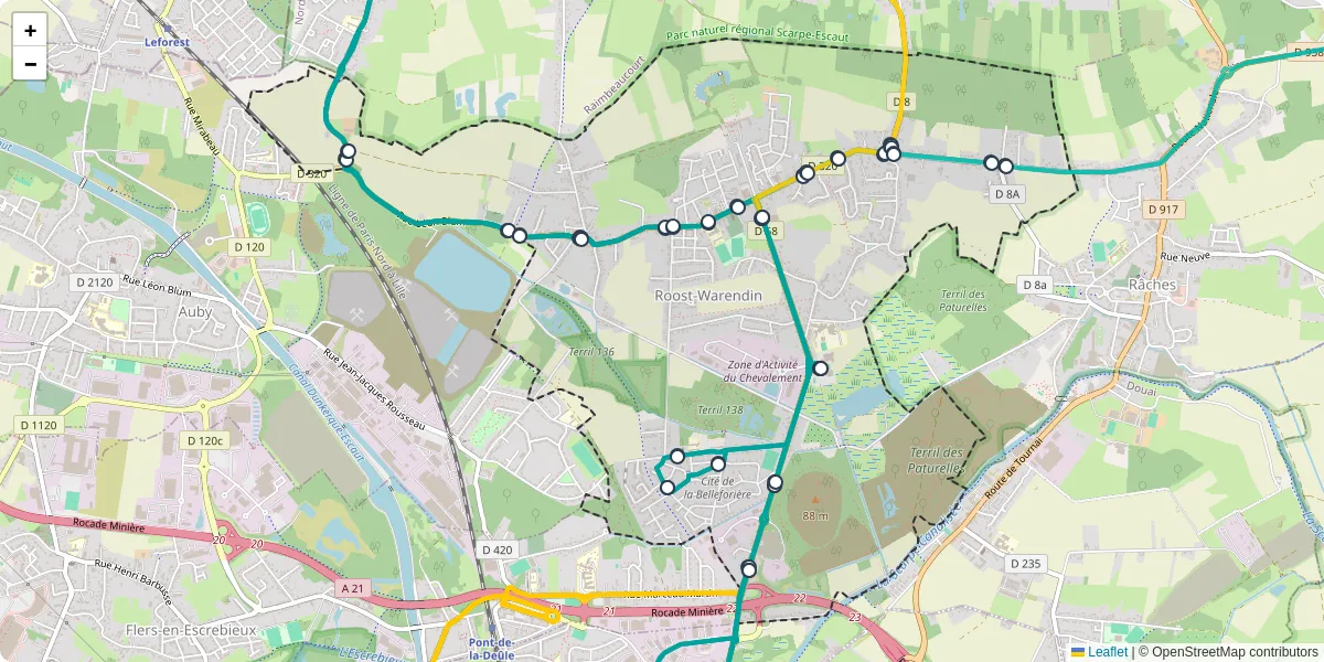 Carte du réseau de transport en commun à Roost-Warendin - lignes de bus et arrêts