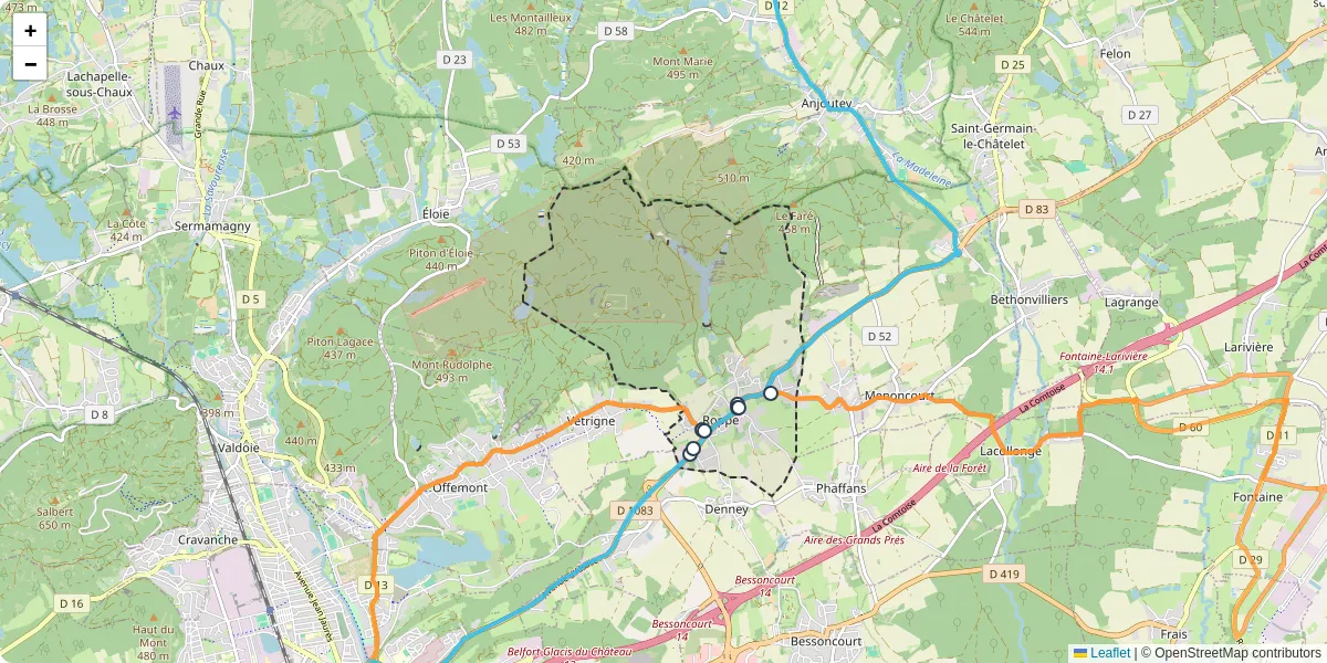 Carte du réseau de transport en commun à Roppe - lignes de bus et arrêts