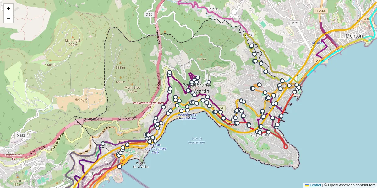 Carte du réseau de transport en commun à Roquebrune-Cap-Martin - lignes de bus et arrêts