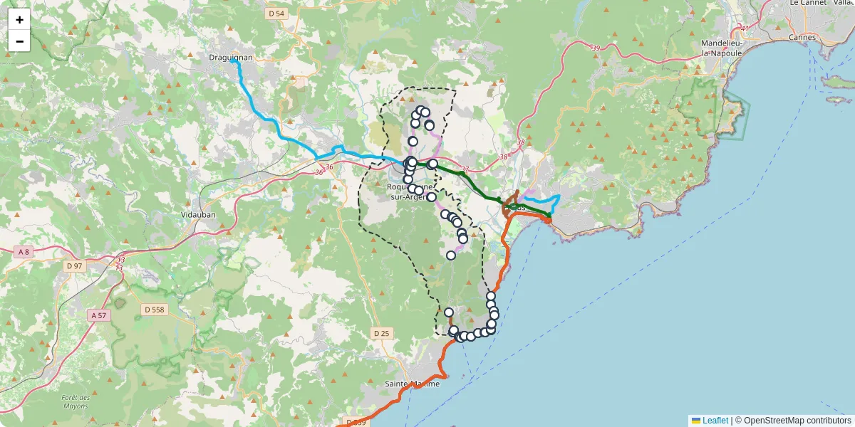 Carte du réseau de transport en commun à Roquebrune-sur-Argens - lignes de bus et arrêts