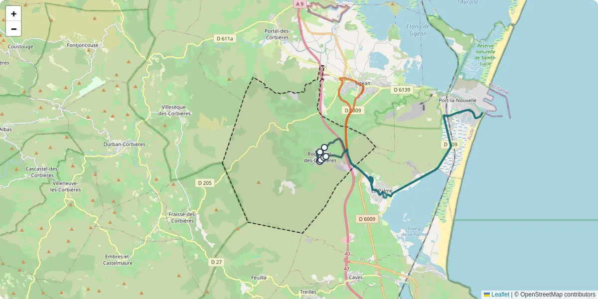 Carte du réseau de transport en commun à Roquefort-des-Corbières - lignes de bus et arrêts