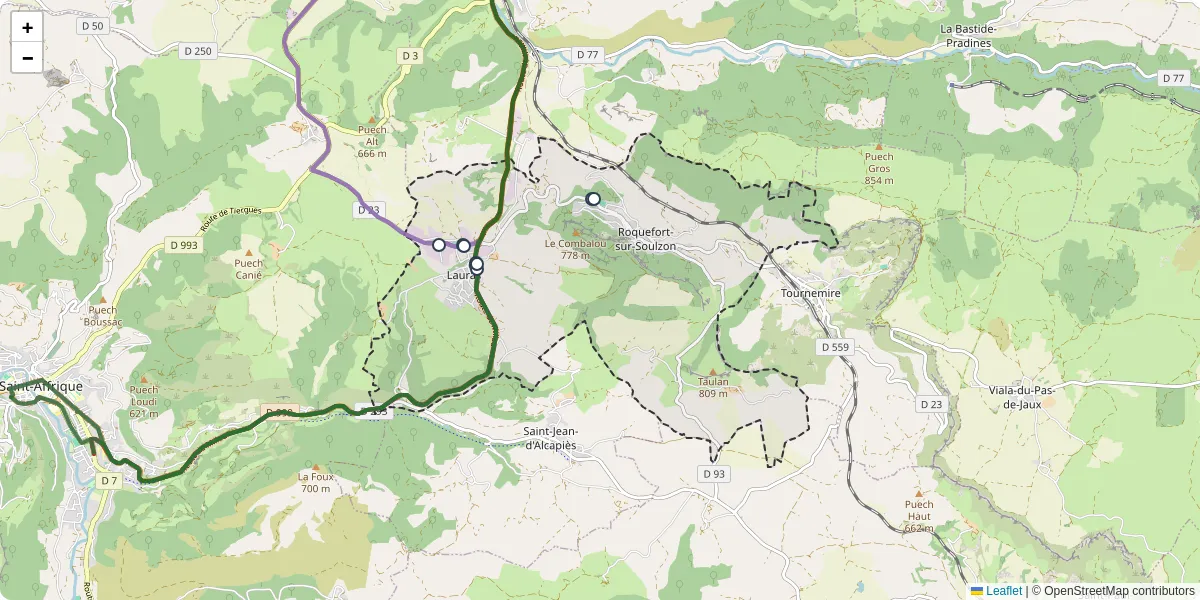 Carte du réseau de transport en commun à Roquefort-sur-Soulzon - lignes de bus et arrêts