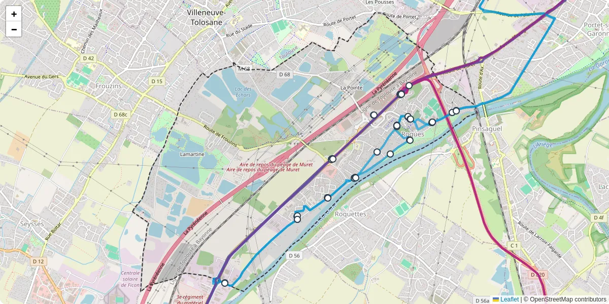Carte du réseau de transport en commun à Roques - lignes de bus et arrêts