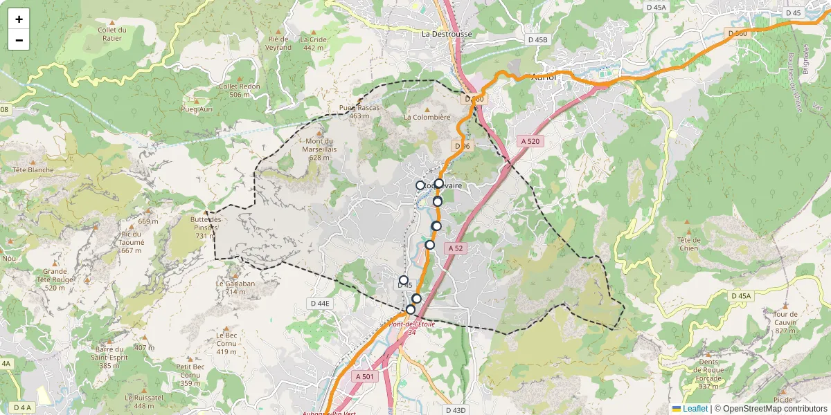 Carte du réseau de transport en commun à Roquevaire - lignes de bus et arrêts