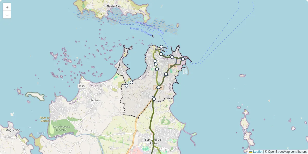 Carte du réseau de transport en commun à Roscoff - lignes de bus et arrêts