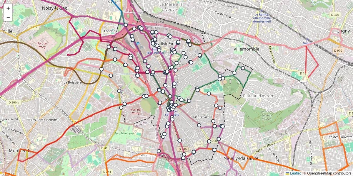 Carte du réseau de transport en commun à Rosny-sous-Bois - lignes de bus et arrêts