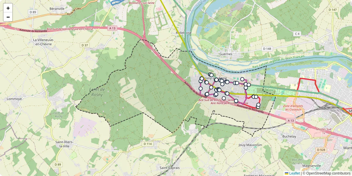 Carte du réseau de transport en commun à Rosny-sur-Seine - lignes de bus et arrêts