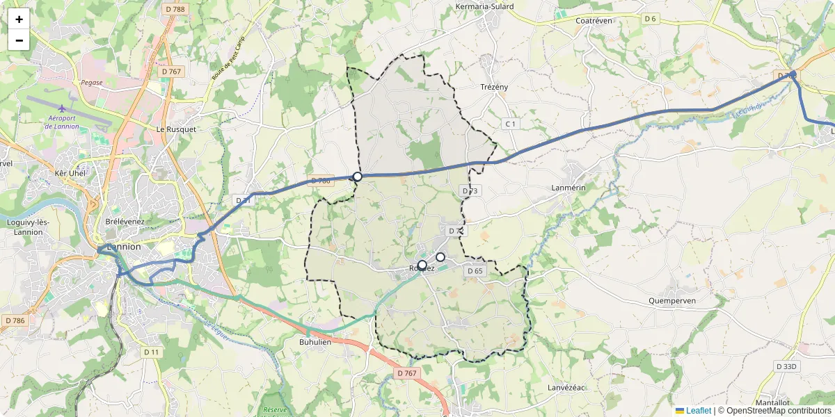 Carte du réseau de transport en commun à Rospez - lignes de bus et arrêts