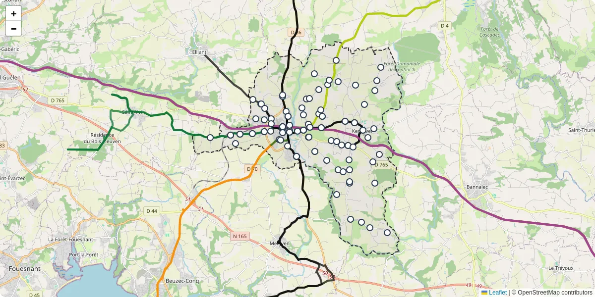 Carte du réseau de transport en commun à Rosporden - lignes de bus et arrêts