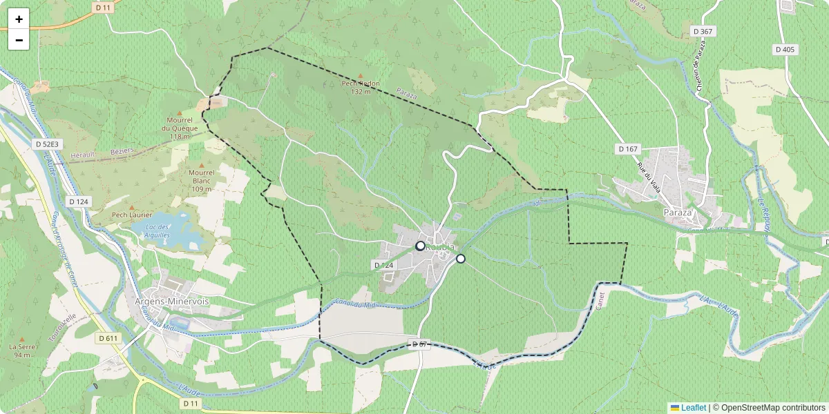 Carte du réseau de transport en commun à Roubia - lignes de bus et arrêts