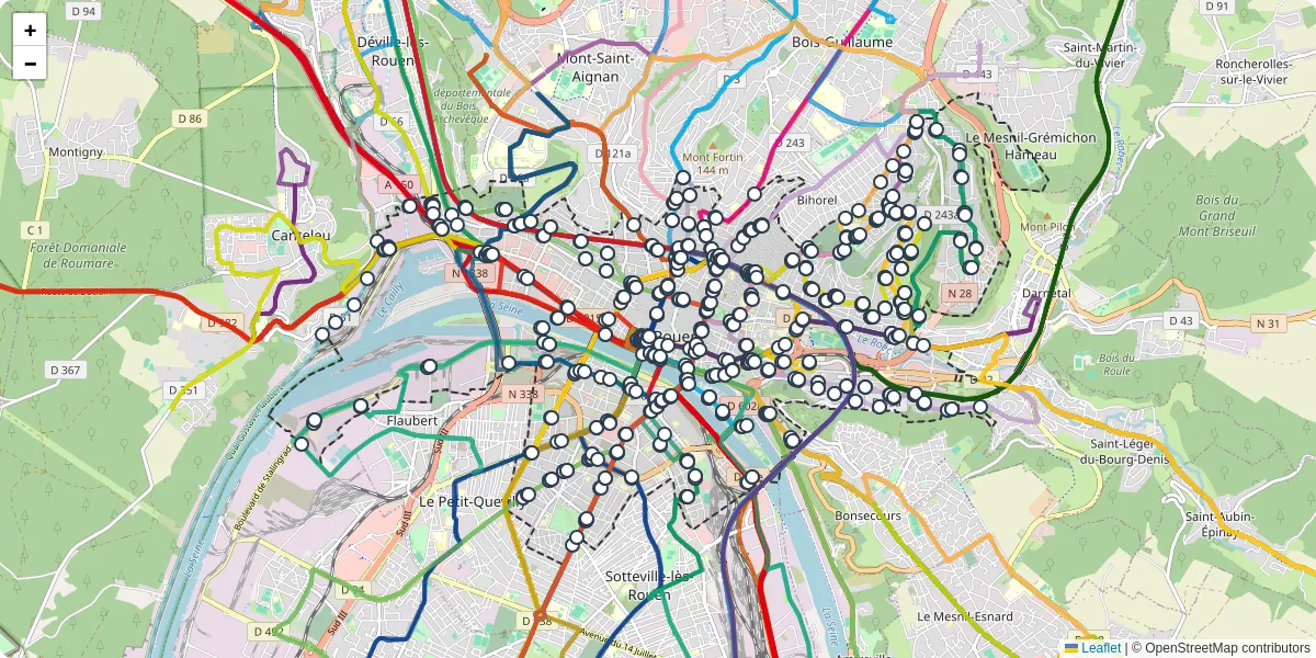 Carte du réseau de transport en commun à Rouen - lignes de bus et arrêts