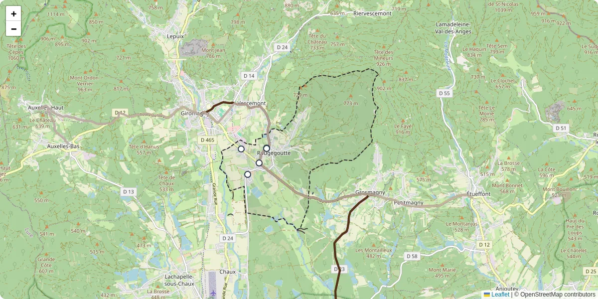 Carte du réseau de transport en commun à Rougegoutte - lignes de bus et arrêts