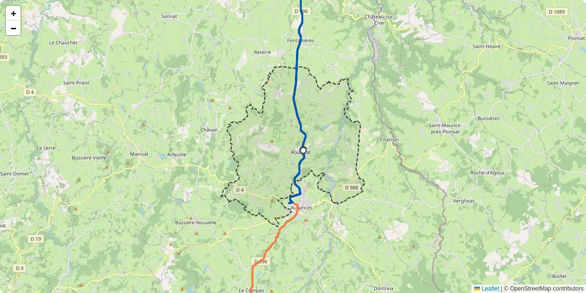 Carte du réseau de transport en commun à Rougnat - lignes de bus et arrêts